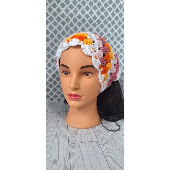 Handmade crochet colorful head scarf with scalloped edge - Picture 1 of 4